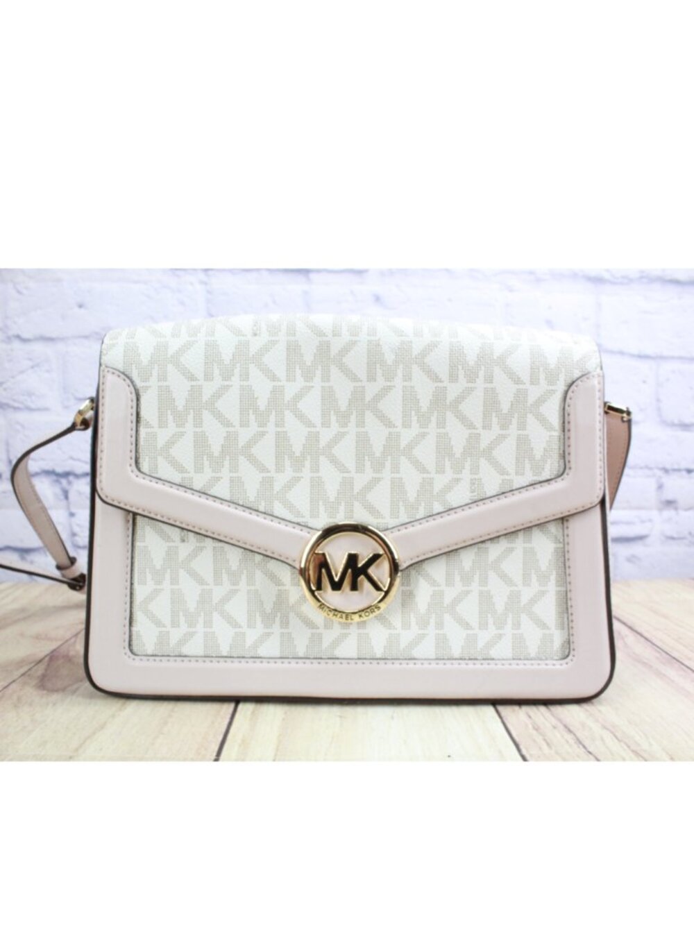 Michael Kors MK Logo Gold Monogram Pink White Satchel Crossbody Shoulder Bag